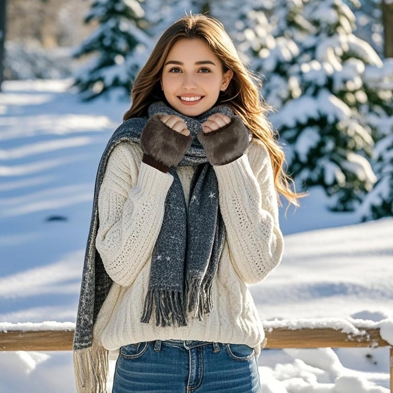 cnomg Winter Faux Fur Fingerless Gloves Faux Fur Half Finger Warmers Fingerless Gloves for Women Girls Working Writing - Image 2